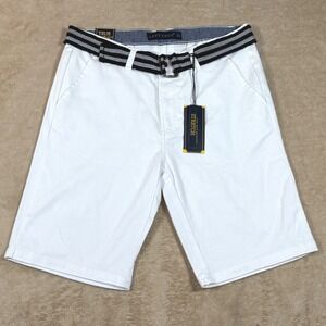 True Rock Mens Alex-12 White Stretch Chino Shorts with Striped Belt Size 32 NEW
